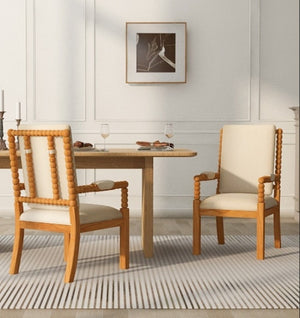 English Elm Set of 2 Solid Rubberwood Dining Chairs Bobbin Spindle Detail Cream Linen Seat W5599P513109