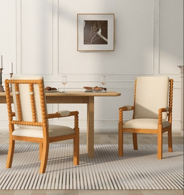 English Elm Set of 2 Solid Rubberwood Dining Chairs Bobbin Spindle Detail Cream Linen Seat W5599P513109