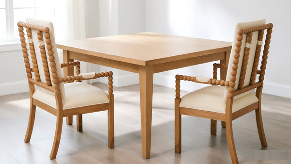 English Elm Set of 2 Solid Rubberwood Dining Chairs Bobbin Spindle Detail Cream Linen Seat W5599P513109