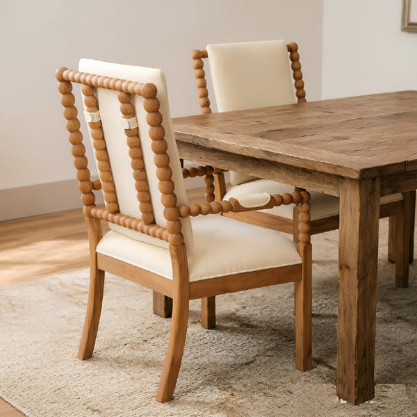 English Elm Set of 2 Solid Rubberwood Dining Chairs Bobbin Spindle Detail Cream Linen Seat W5599P513109
