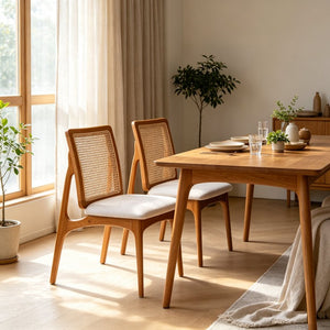 English Elm Set of 2 Mid Century Rubber Wood Dining Chairs with Hand Woven Cane Backrest W5599P531650