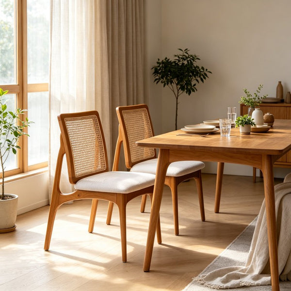 English Elm Set of 2 Mid Century Rubber Wood Dining Chairs with Hand Woven Cane Backrest W5599P531650