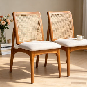 English Elm Set of 2 Mid Century Rubber Wood Dining Chairs with Hand Woven Cane Backrest W5599P531650