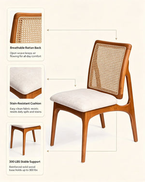 English Elm Set of 2 Mid Century Rubber Wood Dining Chairs with Hand Woven Cane Backrest W5599P531650