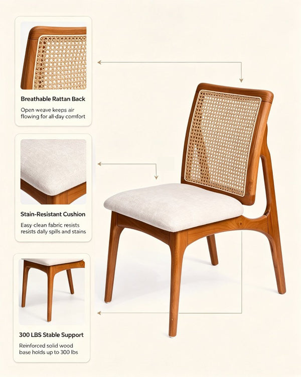 English Elm Set of 2 Mid Century Rubber Wood Dining Chairs with Hand Woven Cane Backrest W5599P531650