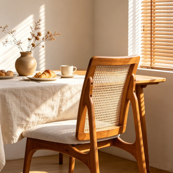 English Elm Set of 2 Mid Century Rubber Wood Dining Chairs with Hand Woven Cane Backrest W5599P531650
