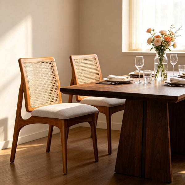 English Elm Set of 2 Mid Century Rubber Wood Dining Chairs with Hand Woven Cane Backrest W5599P531650