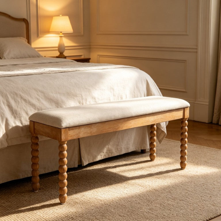 English Elm Farmhouse Spindle Leg Storage Bench Linen Cushion Solid Hardwood Entryway Seating W5599P552123