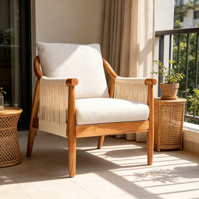 English Elm Accent Armchair Woven Paper Rope Back Solid Hardwood Frame Linen Cushion Mid-Century W5599P574869