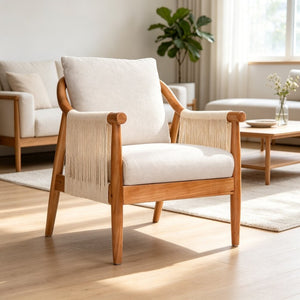 English Elm Accent Armchair Woven Paper Rope Back Solid Hardwood Frame Linen Cushion Mid-Century W5599P574869