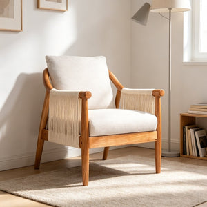 English Elm Accent Armchair Woven Paper Rope Back Solid Hardwood Frame Linen Cushion Mid-Century W5599P574869
