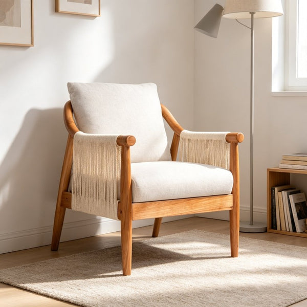 English Elm Accent Armchair Woven Paper Rope Back Solid Hardwood Frame Linen Cushion Mid-Century W5599P574869