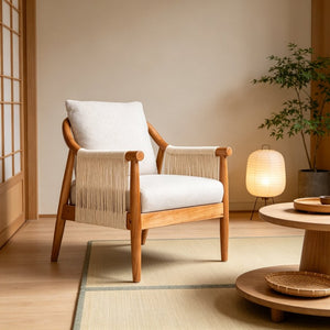 English Elm Accent Armchair Woven Paper Rope Back Solid Hardwood Frame Linen Cushion Mid-Century W5599P574869
