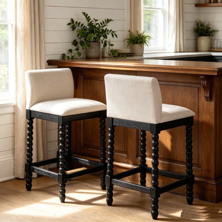 English Elm Farmhouse Coastal Counter Stools Bobbin Rubberwood Legs Linen Seat Set for Kitchen Islands Black W5599P574877