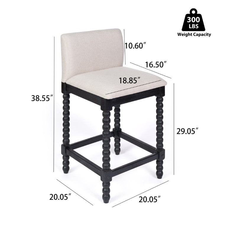 English Elm Farmhouse Coastal Counter Stools Bobbin Rubberwood Legs Linen Seat Set for Kitchen Islands Black W5599P574877