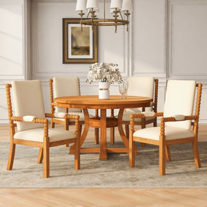 English Elm 5-Piece Retro Round Extendable Solid Wood Dining Set with Upholstered Chairs for Home W5599S00003