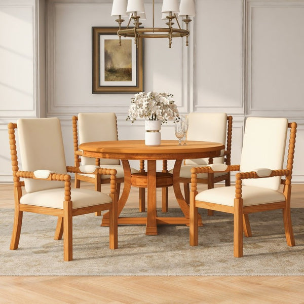 English Elm 5-Piece Retro Round Extendable Solid Wood Dining Set with Upholstered Chairs for Home W5599S00003