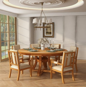 English Elm 7-Piece Mid-Century Round Extendable Dining Set with Solid Wood Frame and Upholstered Chairs W5599S00006