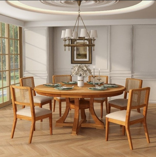 English Elm 7-Piece French Country Dining Set Extendable Round Wood Table with Rattan Chairs W5599S00008