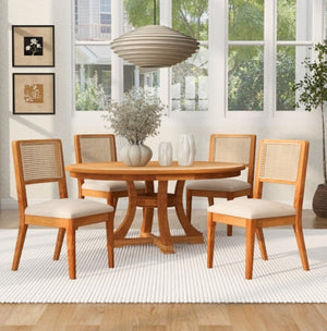 English Elm 5-Piece French Country Round Extendable Dining Set with Solid Wood and Rattan Chairs W5599S00009