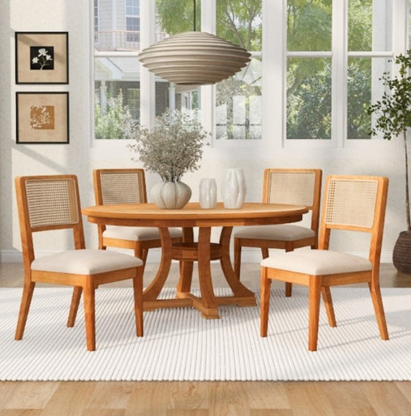 English Elm 5-Piece French Country Round Extendable Dining Set with Solid Wood and Rattan Chairs W5599S00009