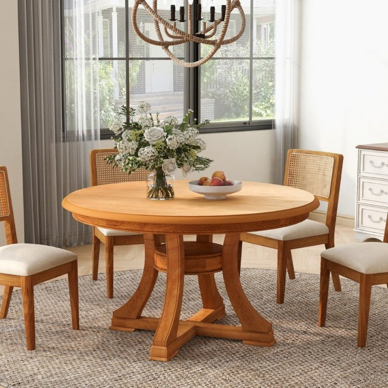 English Elm 5-Piece French Country Round Extendable Dining Set with Solid Wood and Rattan Chairs W5599S00009