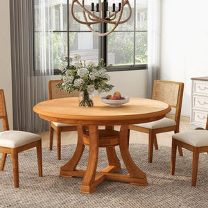 English Elm 5-Piece French Country Round Extendable Dining Set with Solid Wood and Rattan Chairs W5599S00009