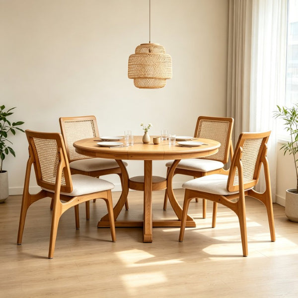 English Elm 5-Piece Solid Wood Round Extendable Dining Set with Rattan Back Upholstered Chairs W5599S00010