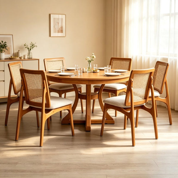 English Elm 7-Piece Solid Wood Round Extendable Dining Set with Rattan Back Upholstered Chairs W5599S00011