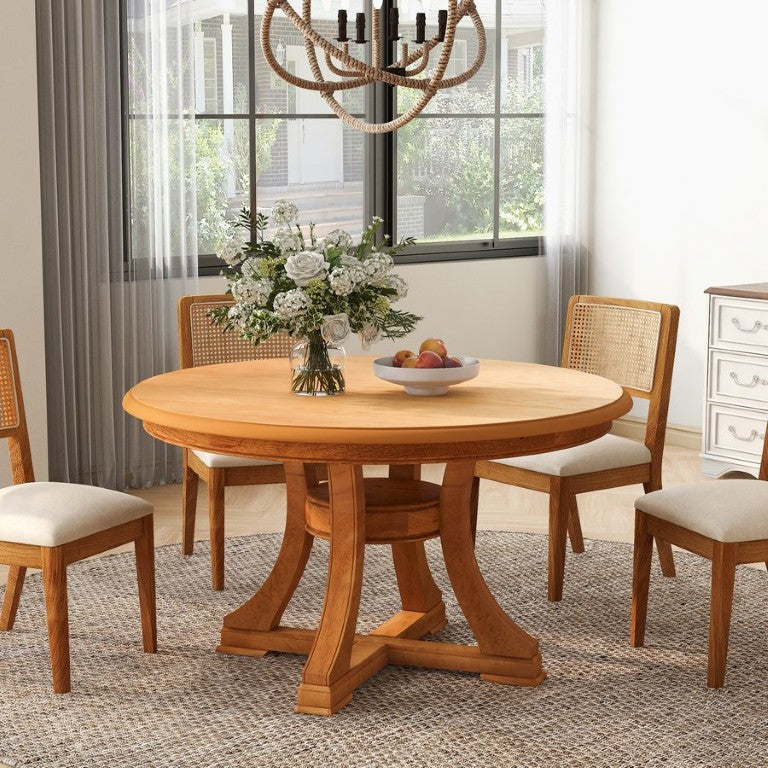English Elm 7-Piece Solid Wood Round Extendable Dining Set with Rattan Back Upholstered Chairs W5599S00011