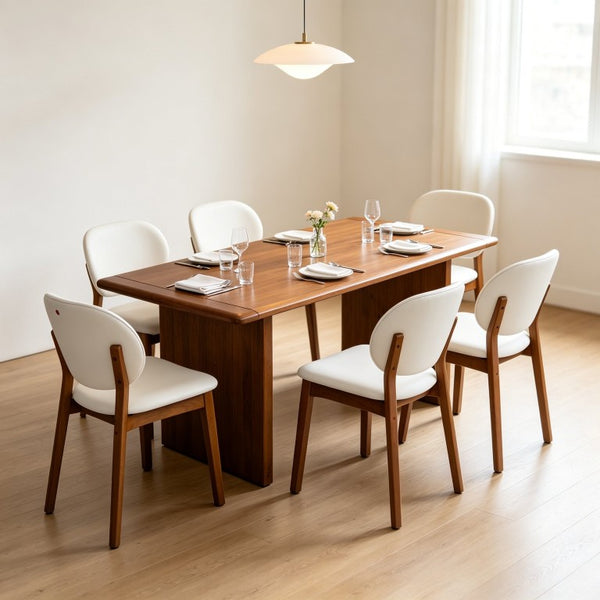 English Elm 7‑Piece Walnut Solid Wood Dining Set with Six PU Leather Upholstered Mid-Century Chairs W5599S00014