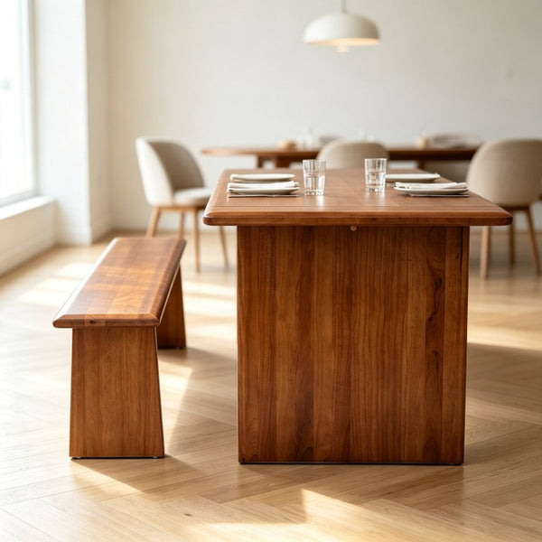 English Elm Solid Wood Farmhouse Dining Table and Bench Set with Walnut Grain Finish Seats Six W5599S00015