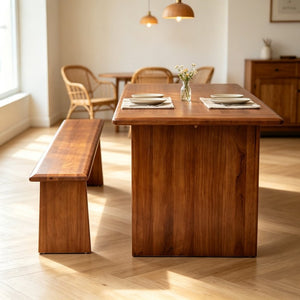 English Elm Solid Wood Farmhouse Dining Table and Bench Set with Walnut Grain Finish Seats Six W5599S00015