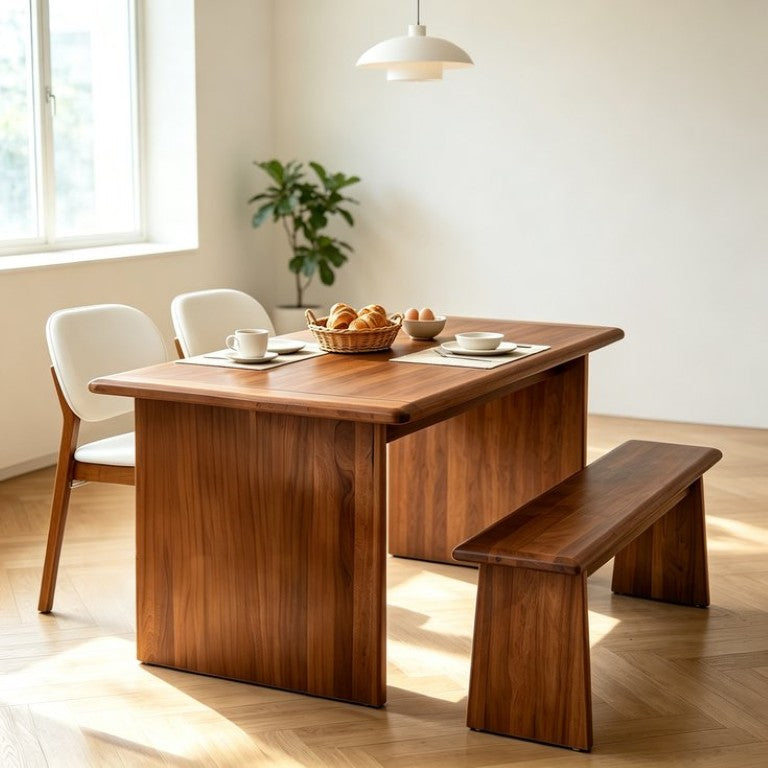 English Elm 4‑Piece Walnut Wood Dining Set with PU Leather Chairs Bench and Rectangular Table for 4 W5599S00016