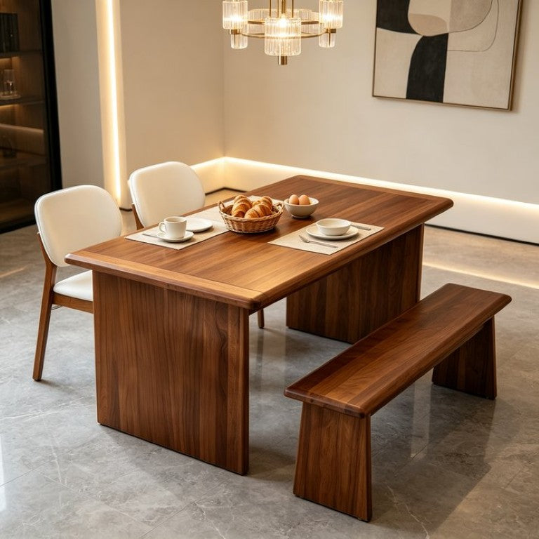 English Elm 4‑Piece Walnut Wood Dining Set with PU Leather Chairs Bench and Rectangular Table for 4 W5599S00016