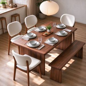 English Elm Solid Wood Farmhouse Dining Set with Upholstered Chairs and Bench Seats Six W5599S00017