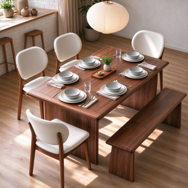 English Elm Solid Wood Farmhouse Dining Set with Upholstered Chairs and Bench Seats Six W5599S00017