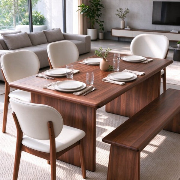 English Elm Solid Wood Farmhouse Dining Set with Upholstered Chairs and Bench Seats Six W5599S00017
