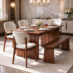 English Elm Solid Wood Farmhouse Dining Set with Upholstered Chairs and Bench Seats Six W5599S00017