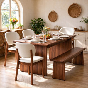English Elm Solid Wood Farmhouse Dining Set with Upholstered Chairs and Bench Seats Six W5599S00017
