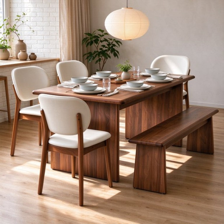 English Elm Solid Wood Farmhouse Dining Set with Upholstered Chairs and Bench Seats Six W5599S00017