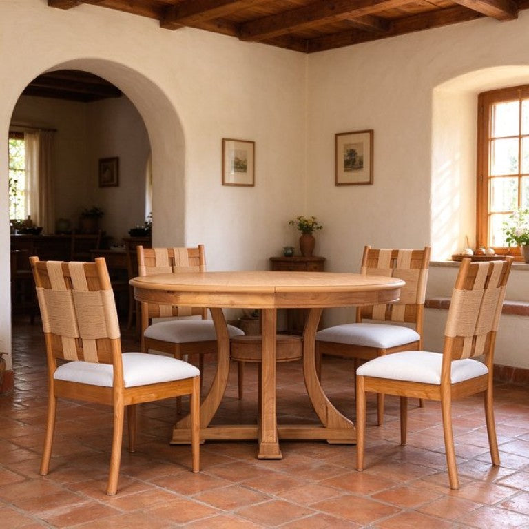 English Elm Solid Rubberwood Extendable Dining Set with Woven Back Chairs Oak Finish 5 Piece W5599S00018