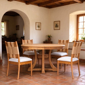 English Elm Solid Rubberwood Extendable Dining Set with Woven Back Chairs Oak Finish 5 Piece W5599S00018