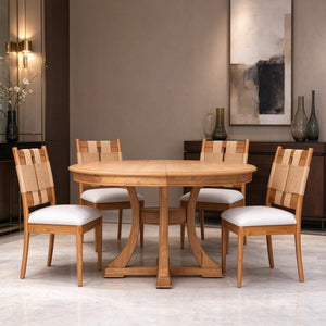 English Elm Solid Rubberwood Extendable Dining Set with Woven Back Chairs Oak Finish 5 Piece W5599S00018