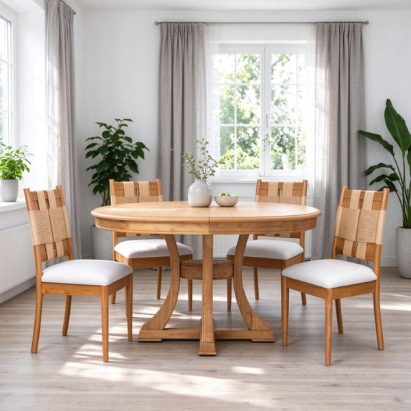 English Elm Solid Rubberwood Extendable Dining Set with Woven Back Chairs Oak Finish 5 Piece W5599S00018