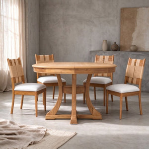 English Elm Solid Rubberwood Extendable Dining Set with Woven Back Chairs Oak Finish 5 Piece W5599S00018