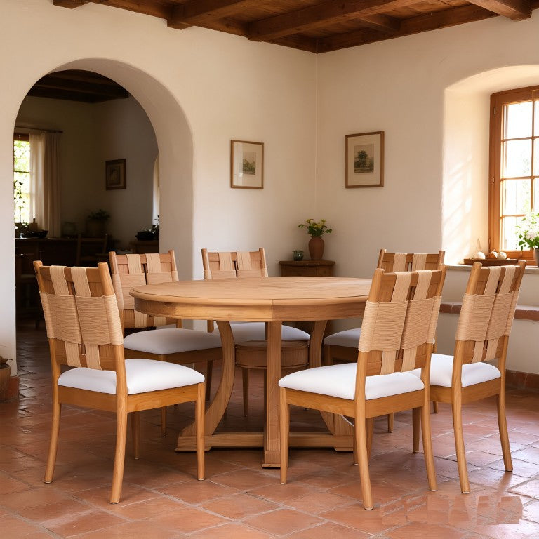 English Elm Natural Oak Extendable Round Dining Set with Rope Woven Chairs for Six W5599S00019