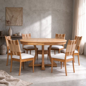 English Elm Natural Oak Extendable Round Dining Set with Rope Woven Chairs for Six W5599S00019