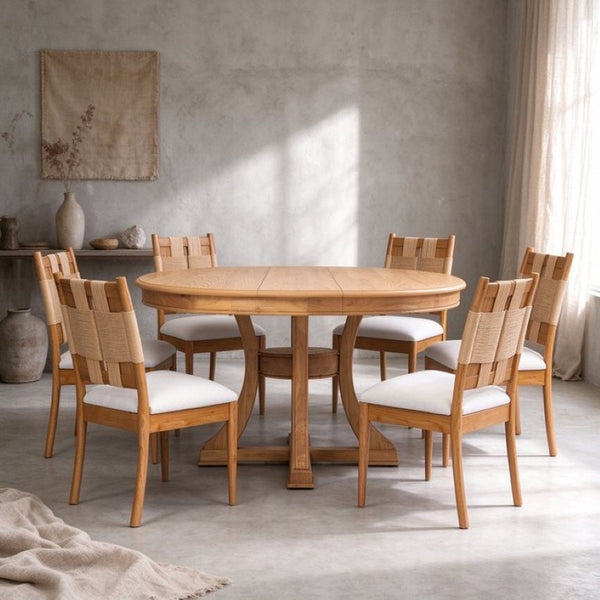 English Elm Natural Oak Extendable Round Dining Set with Rope Woven Chairs for Six W5599S00019