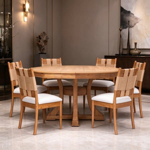 English Elm Natural Oak Extendable Round Dining Set with Rope Woven Chairs for Six W5599S00019